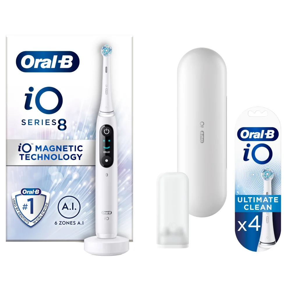 Oral-B iO8 White Electric Toothbrush with Travel Case + 4 Refills Image 1