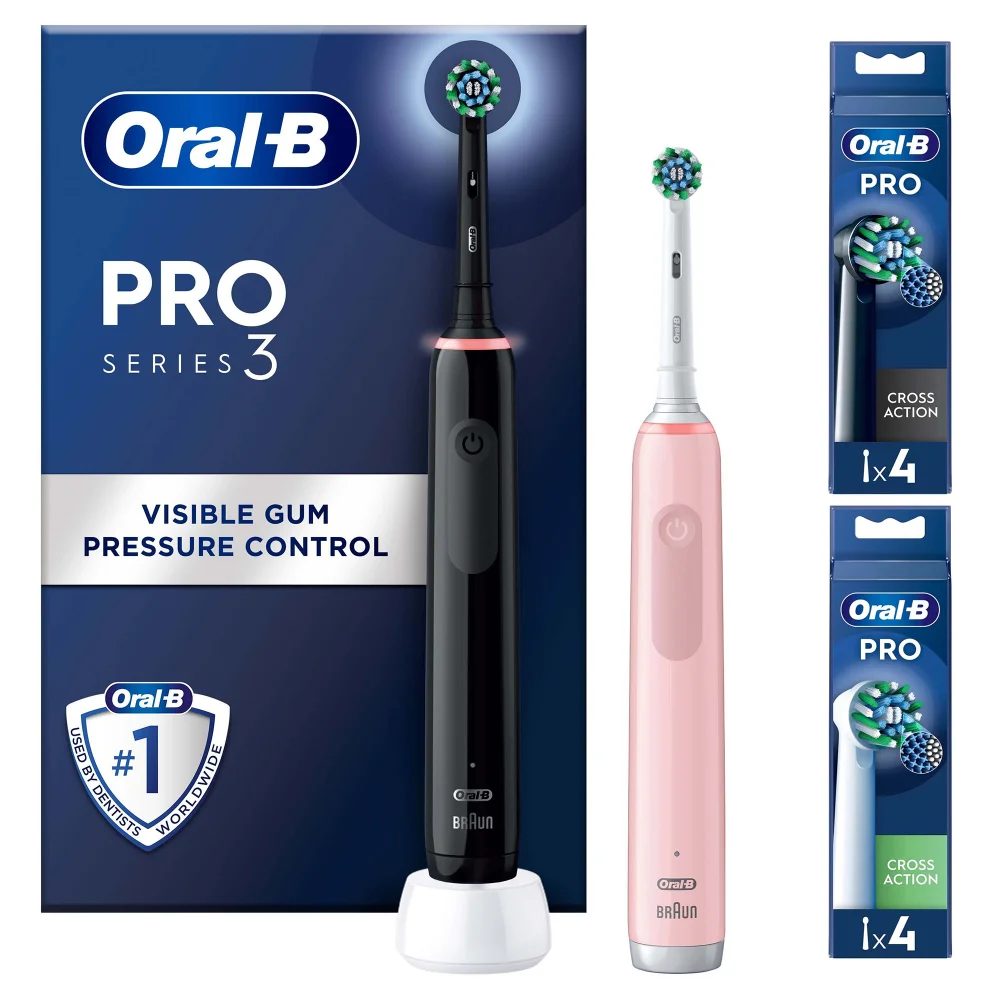 Oral B Pro 3900 Duo Pack of Two Electric Toothbrushes, Black & Pink + 8 Refills Image 1