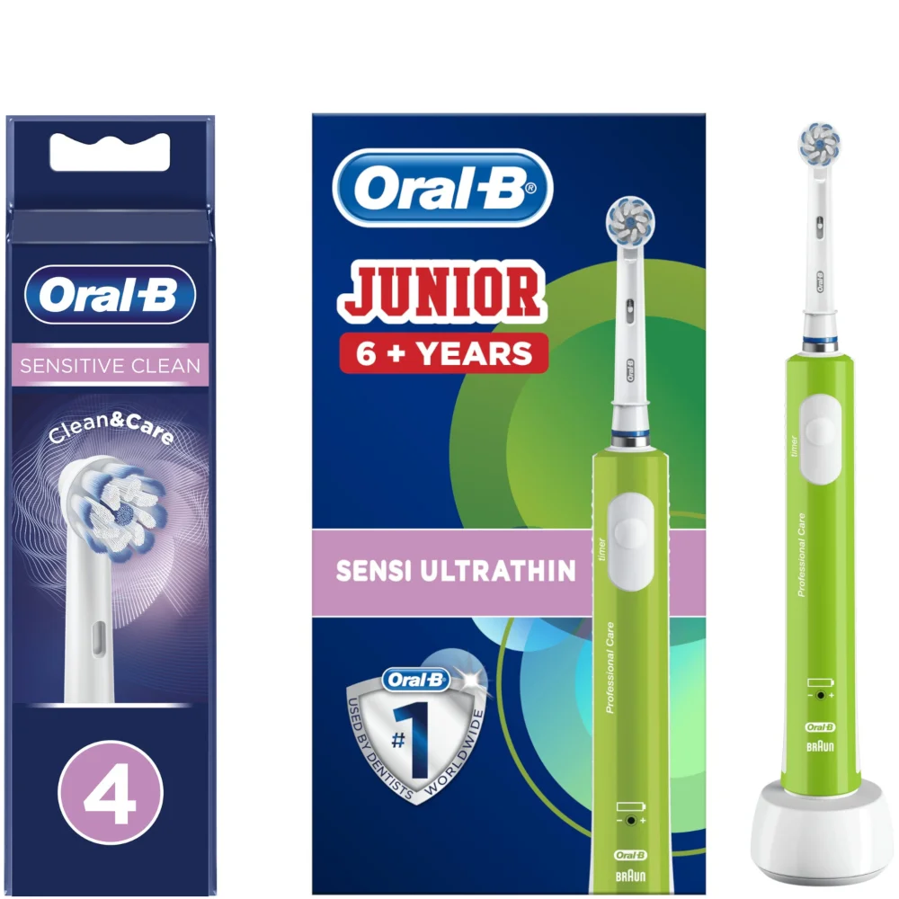 Oral B Kids Junior Green Electric Toothbrush for Ages 6+ with 4 Refills Image 1