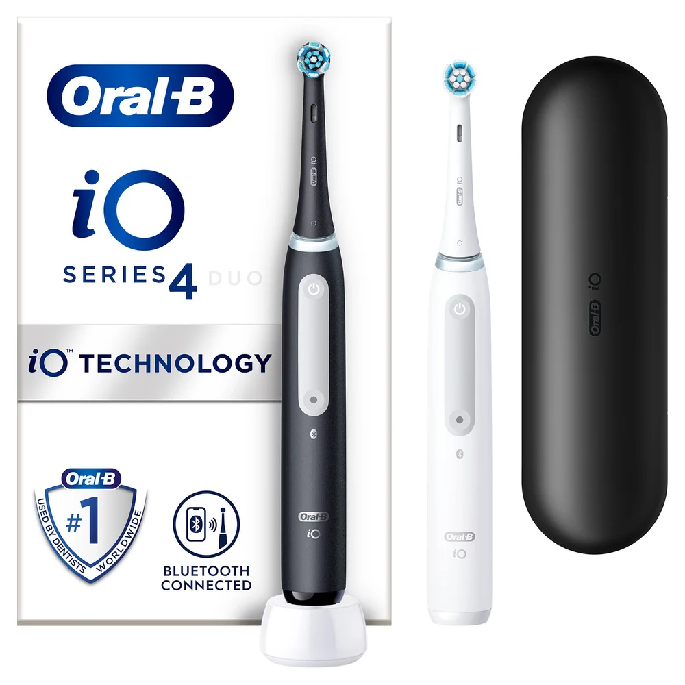 Oral-B iO4 Duo Pack of Two Electric Toothbrushes, Matte Black & White with Travel Case Image 1