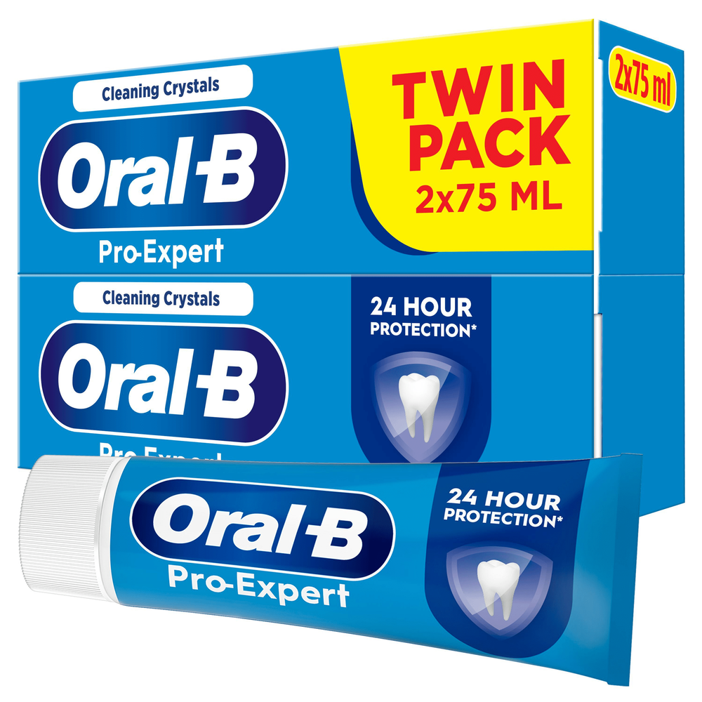 Oral-B Pro-Expert toothpaste, twin pack, highlighting "24 Hour Protection" claim.