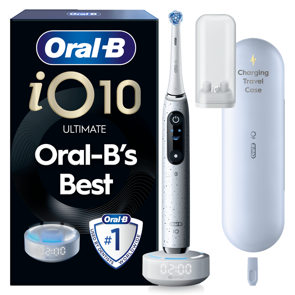 Oral-B iO 10 toothbrush packaging, featuring the claim Oral-B’s Best and includes a charging travel case.