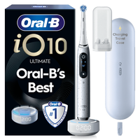 Oral-B iO 10 toothbrush packaging, featuring the claim Oral-B’s Best and includes a charging travel case.