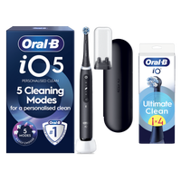 Oral B iO5 Black Electric Toothbrush Designed By Braun + 4 Brush Heads