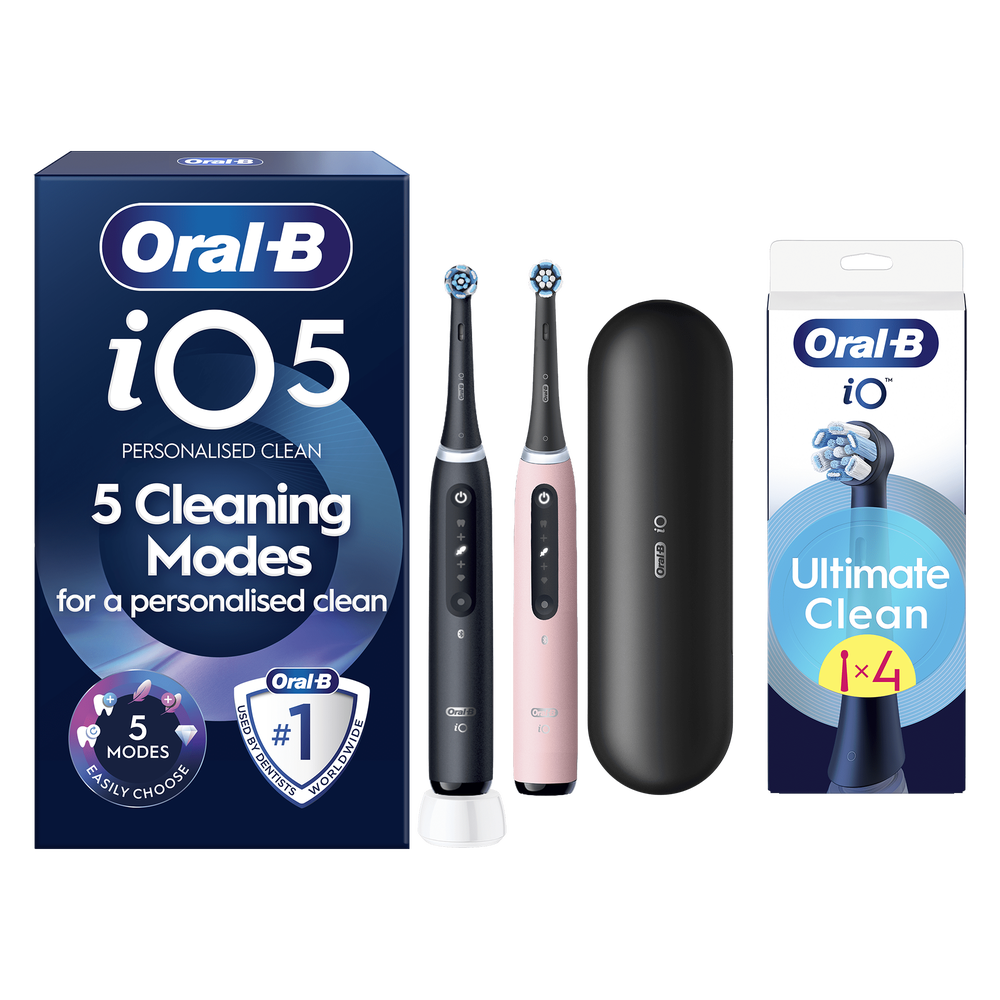 Oral B iO5 Black & Pink Electric Toothbrushes Duo Pack + 4 Brush Heads