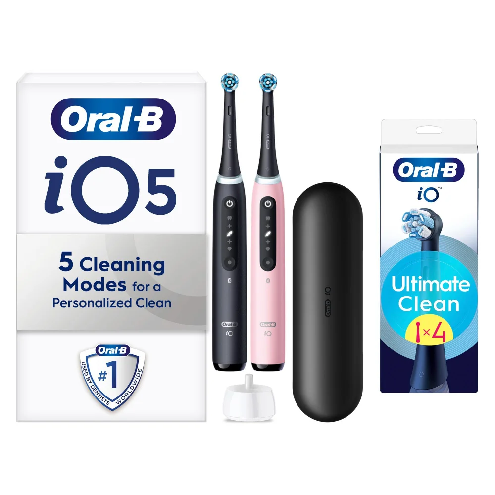 Oral B iO5 Black & Pink Electric Toothbrushes Designed By Braun Duo Pack + 4 Refills Image 1