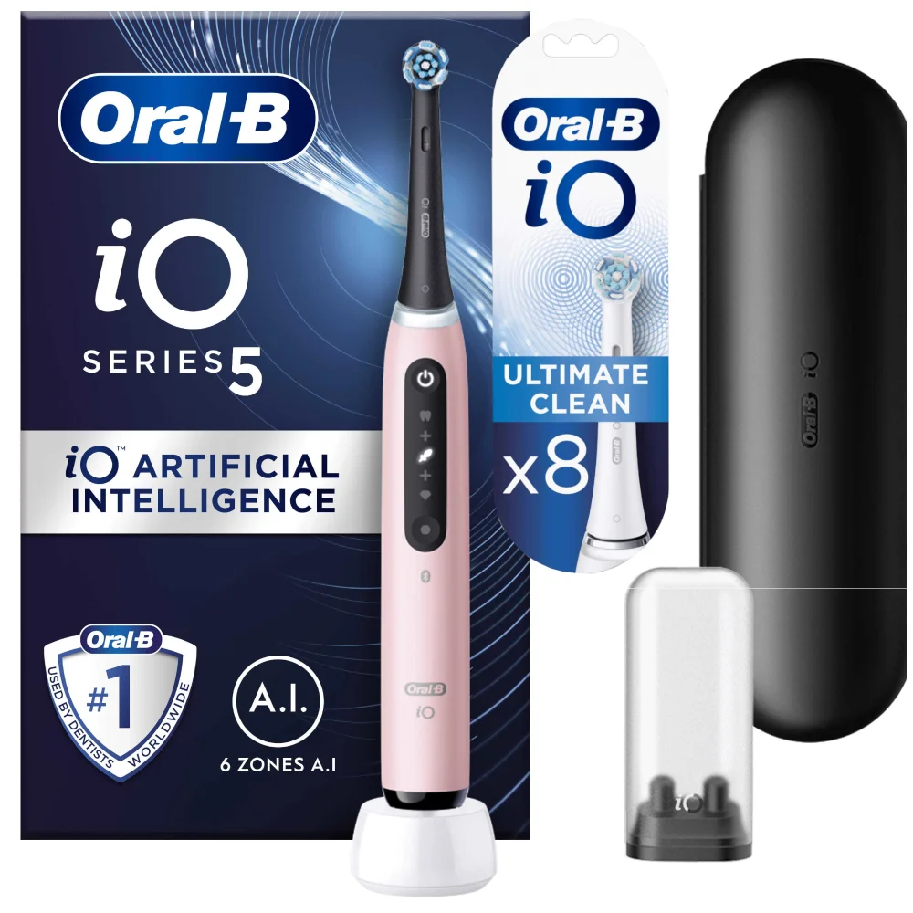 Oral B iO5 Pink Electric Toothbrush Designed By Braun + 8 Refills Image 1