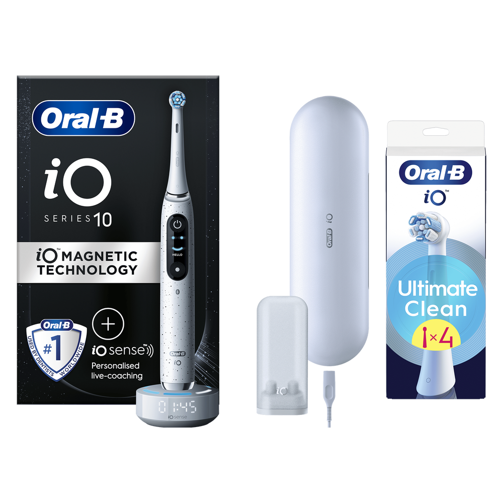 Oral B iO10 Stardust White Electric Toothbrush with Charging Travel Case + 4 Brush Heads