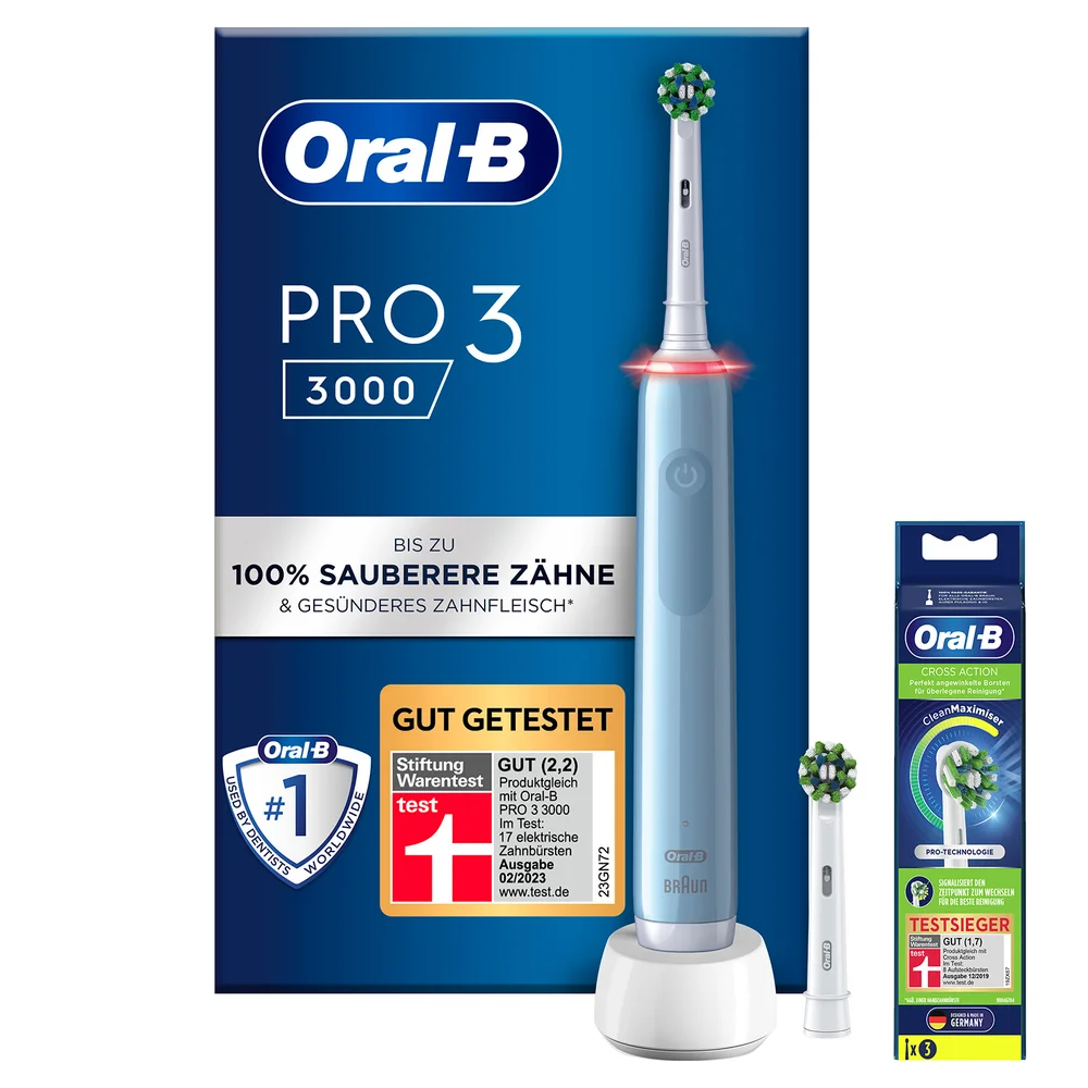 Oral B Power Pro 3 3000 Cross Action Electric Toothbrush Blue + 3 refills Image 1