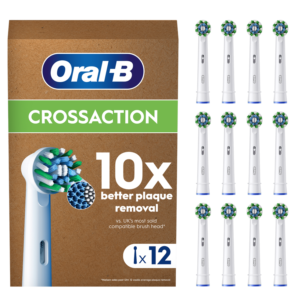 Oral-B CrossAction replacement brush heads, 12 count, promising 10x better plaque removal versus the UK's most sold compatible brush head.