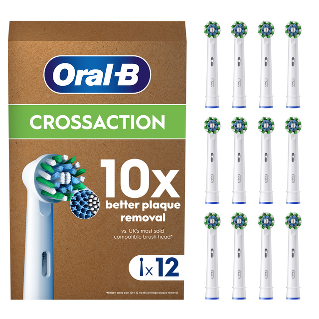 Oral-B CrossAction replacement brush heads, 12 count, promising 10x better plaque removal versus the UK's most sold compatible brush head.