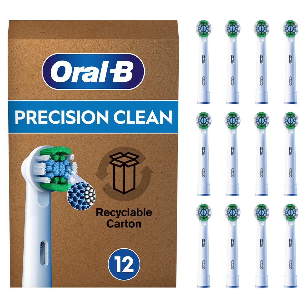 Oral-B Pro Precision Clean brush head packaging, showing 12 brush heads and highlighting "removes 10x more plaque".