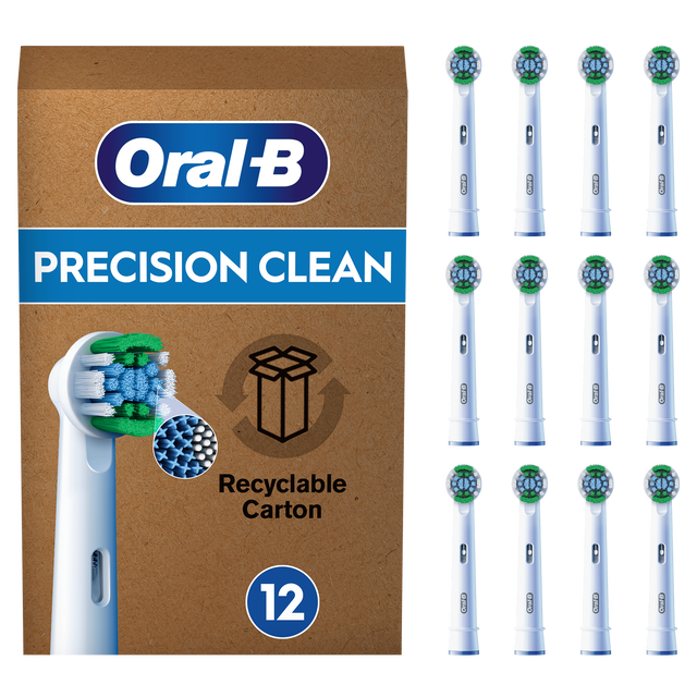 Oral-B Pro Precision Clean brush head packaging, showing 12 brush heads and highlighting "removes 10x more plaque".