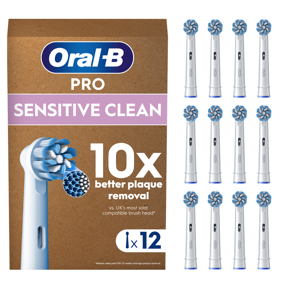 Oral-B Pro Sensitive Clean replacement brush heads, 12 count, for gentle cleaning.