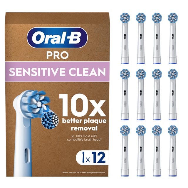 Oral-B Pro Sensitive Clean replacement brush heads, 12 count, for gentle cleaning.