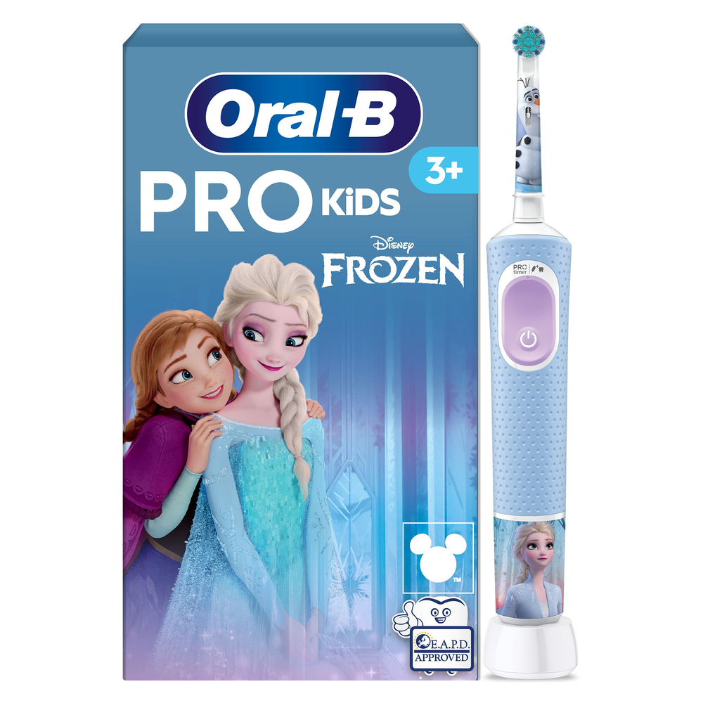 Image showing Oral-B Pro Kids Frozen electric toothbrush. On the left is the pack with the 3 plus icon as well as the EAPD approved and Disney logos. On the right is the pack contents showing one Frozen electric toothbrush and one charger.