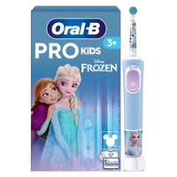 Image showing Oral-B Pro Kids Frozen electric toothbrush. On the left is the pack with the 3 plus icon as well as the EAPD approved and Disney logos. On the right is the pack contents showing one Frozen electric toothbrush and one charger.