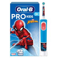 Image showing Oral-B Pro Kids Spiderman electric toothbrush. On the left is the pack with the 3 plus icon as well as the EAPD approved and Marvel logos.