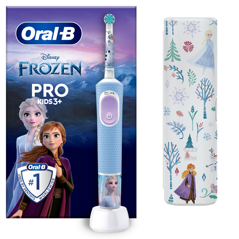 Oral-B Disney Frozen Pro Kids 3+ electric toothbrush packaging, highlighting it as the #1 dentist recommended brand worldwide.