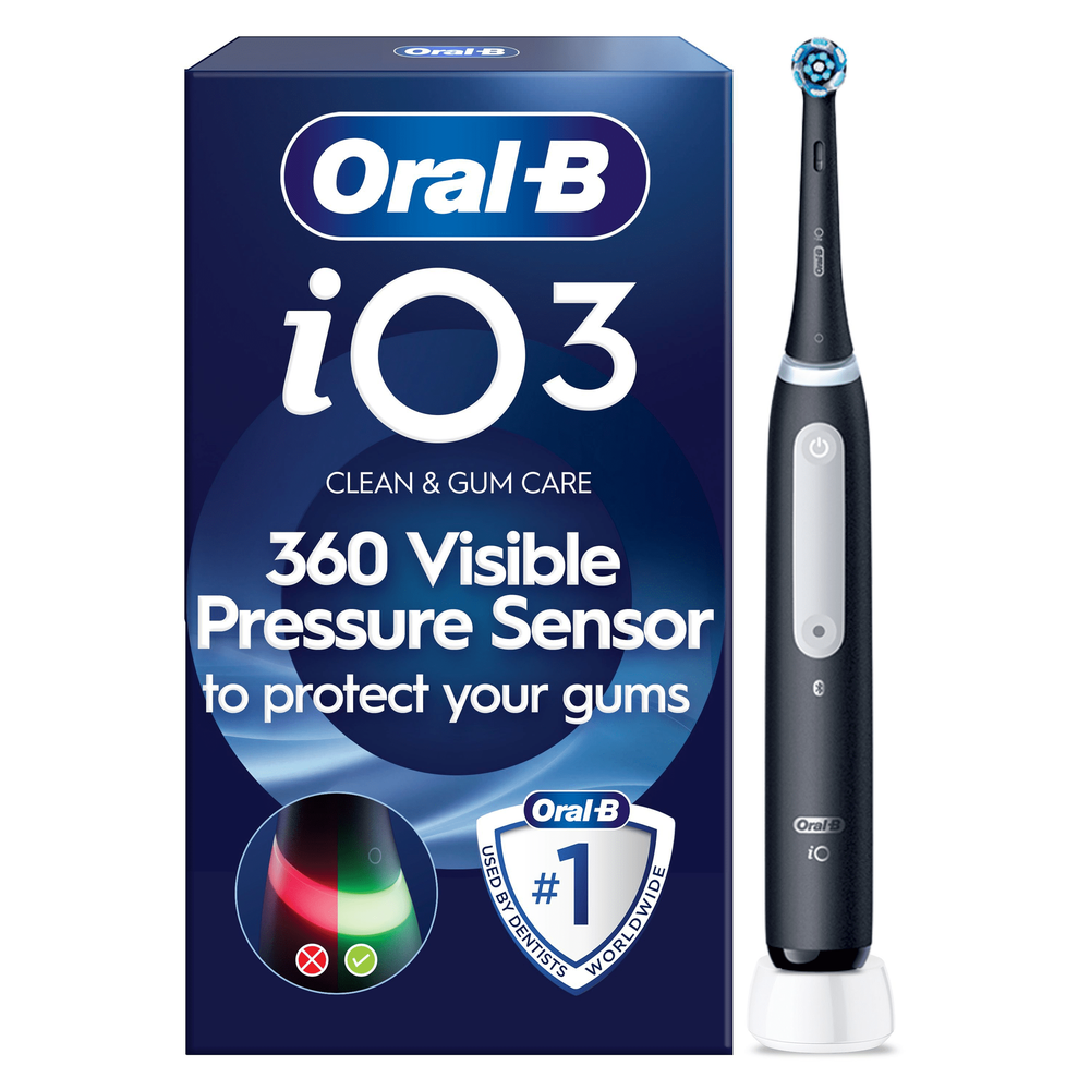 Oral-B iO3 electric toothbrush twin pack with packaging highlighting the 360 Visible Pressure Sensor.