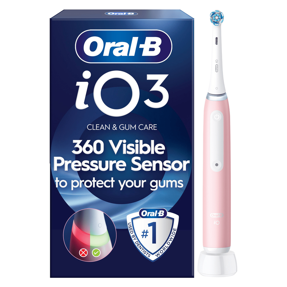 Oral-B iO3 toothbrush in pink, with packaging highlighting the 360 Visible Pressure Sensor to protect gums.