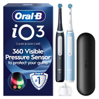 Oral-B iO3 toothbrushes, packaging highlighting 360 Visible Pressure Sensor to protect gums