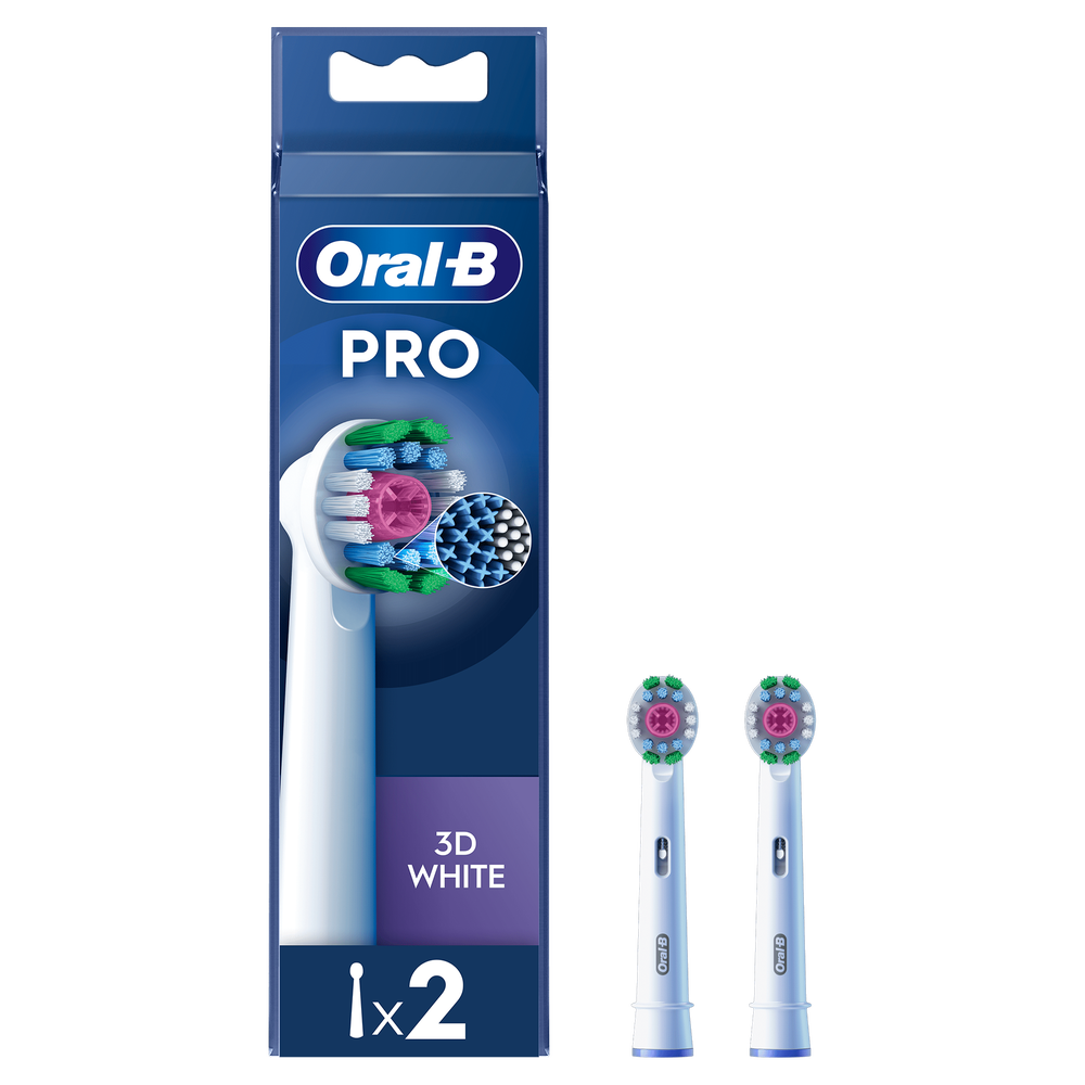 Oral-B Pro 3D White replacement toothbrush heads, package shows two brush heads included.