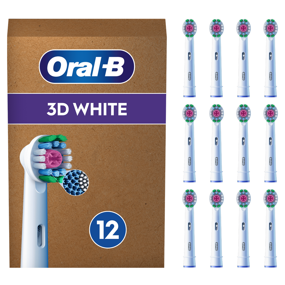 Oral-B 3D White replacement brush heads, pack of 12, white, highlighting the multi-angled bristles for tooth whitening.