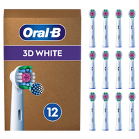 Oral-B 3D White replacement brush heads, pack of 12, white, highlighting the multi-angled bristles for tooth whitening.