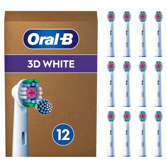Oral-B 3D White replacement brush heads, pack of 12, white, highlighting the multi-angled bristles for tooth whitening.