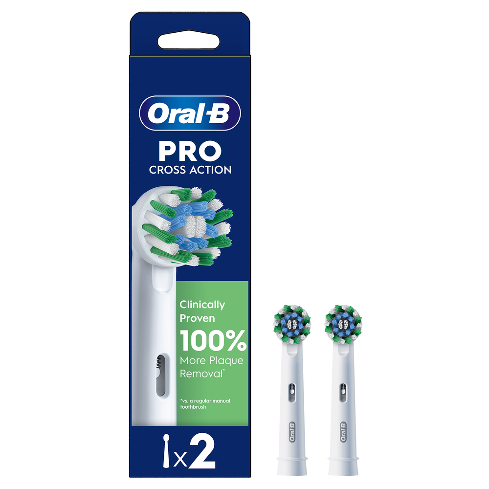 Oral-B Pro Cross Action toothbrush replacement heads, pack of 2, featuring a "Clinically Proven 100% More Plaque Removal" claim.