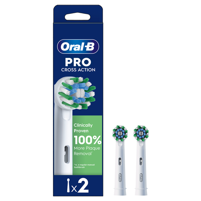 Oral-B Pro Cross Action toothbrush replacement heads, pack of 2, featuring a "Clinically Proven 100% More Plaque Removal" claim.