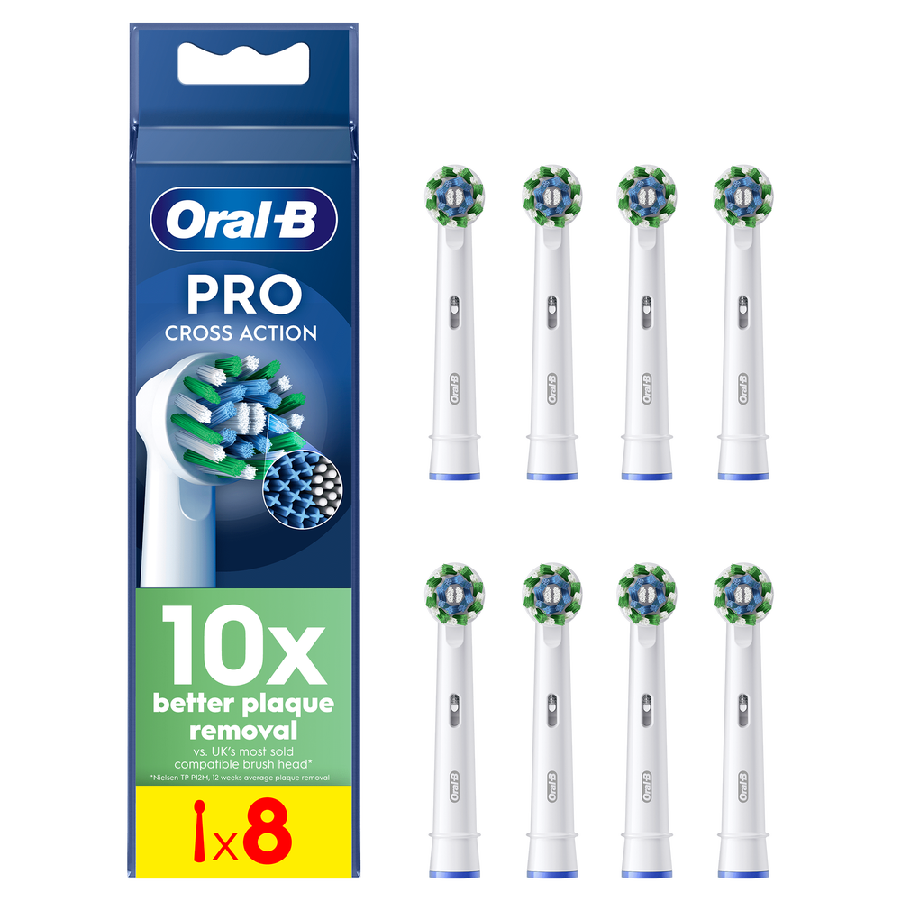 Oral-B Pro Cross Action replacement brush heads, pack of 8, promising 10x better plaque removal.