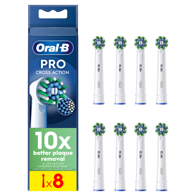 Oral-B Pro Cross Action replacement brush heads, pack of 8, promising 10x better plaque removal.