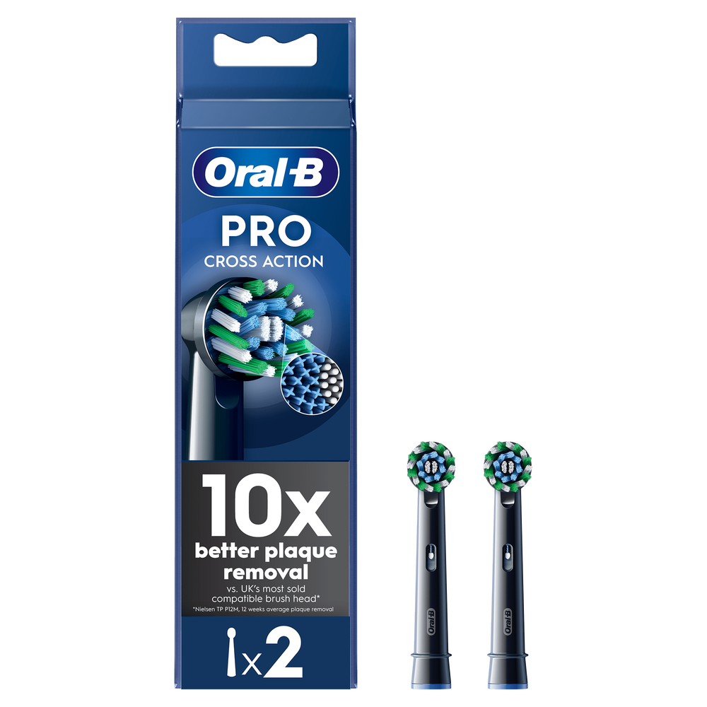 Oral-B Pro Cross Action replacement brush heads, two-pack, black, promising 10x better plaque removal.