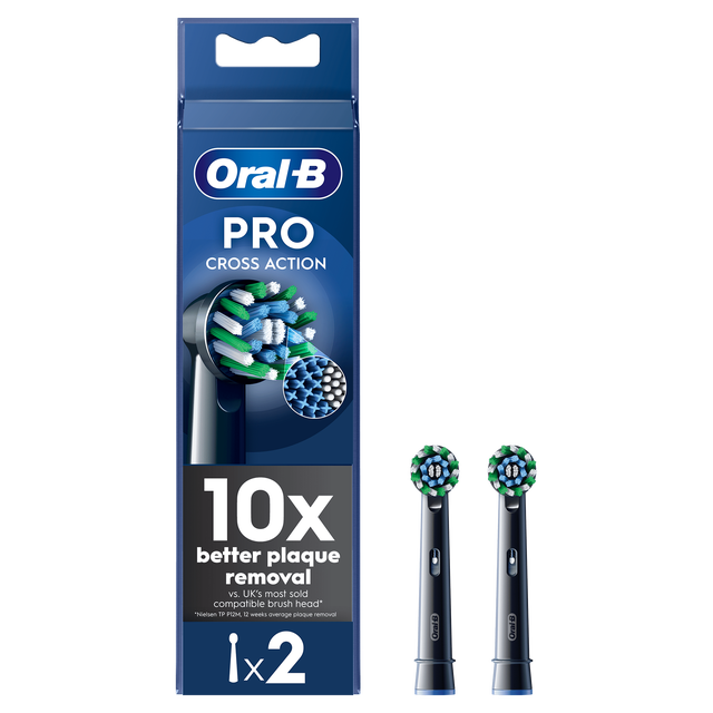 Oral-B Pro Cross Action replacement brush heads, two-pack, black, promising 10x better plaque removal.