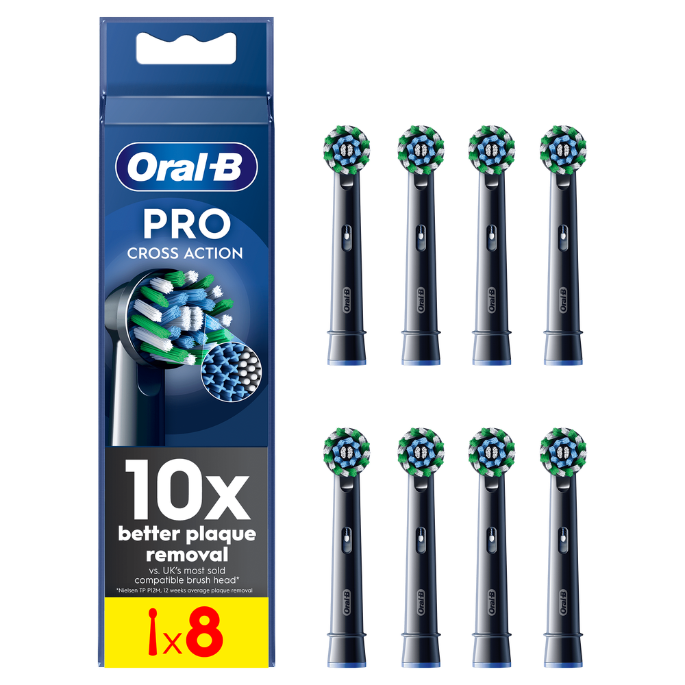 Oral-B Pro Cross Action replacement toothbrush head retail packaging, highlighting "10x better plaque removal" and includes eight brush heads, black.