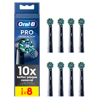 Oral-B Pro Cross Action replacement toothbrush head retail packaging, highlighting "10x better plaque removal" and includes eight brush heads, black.