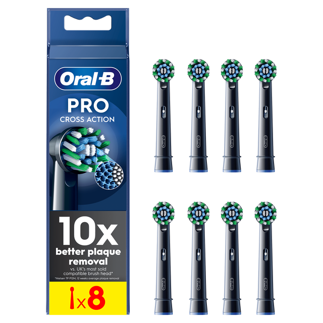 Oral-B Pro Cross Action replacement toothbrush head retail packaging, highlighting "10x better plaque removal" and includes eight brush heads, black.