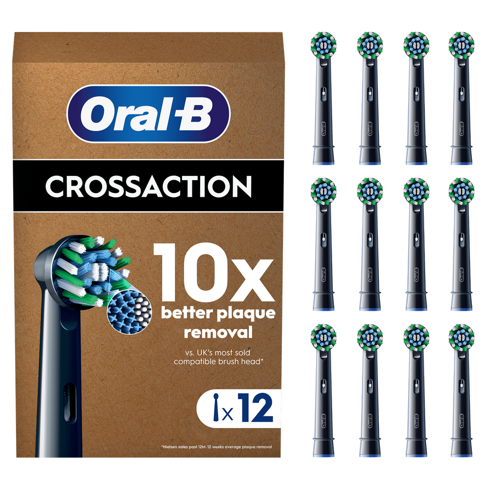 Oral-B Cross Action replacement brush head packaging, showing 12 brush heads, black, and highlighting "10x better plaque removal".