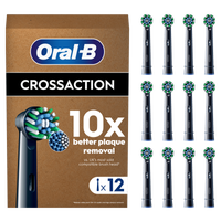 Oral-B Cross Action replacement brush head packaging, showing 12 brush heads, black, and highlighting "10x better plaque removal".