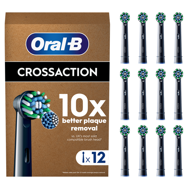 Oral-B Cross Action replacement brush head packaging, showing 12 brush heads, black, and highlighting "10x better plaque removal".