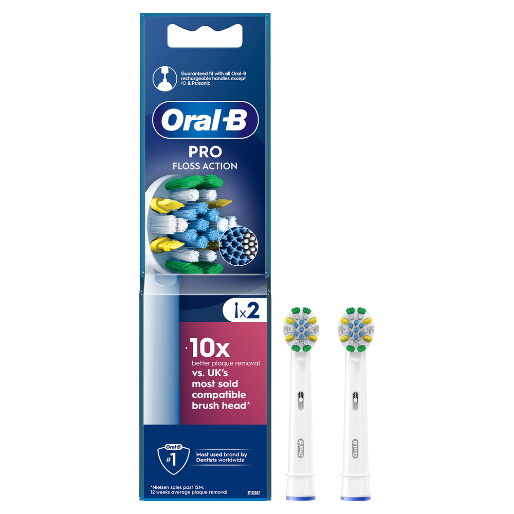 Oral-B PRO Floss Action brush head packaging, highlighting 10x better plaque removal versus the UK's most sold compatible brush head.