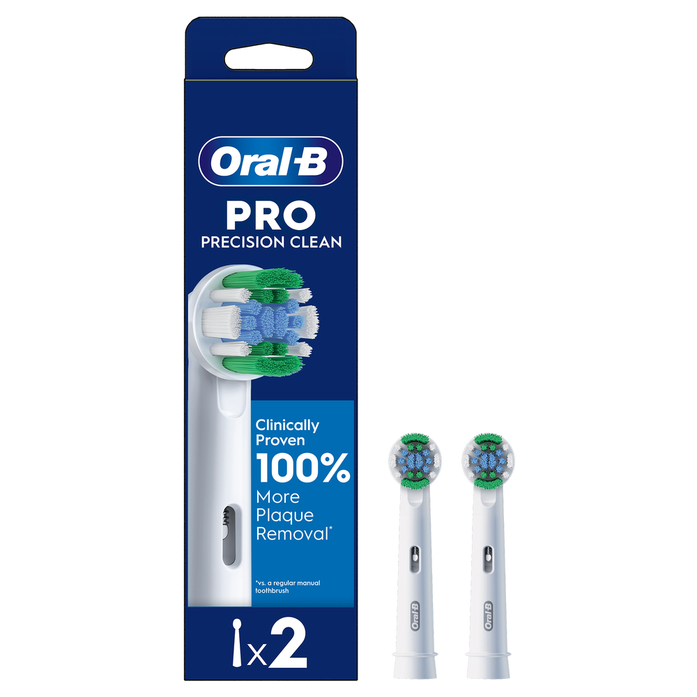 Oral-B Pro Precision Clean brush head packaging highlighting "Clinically Proven 100% More Plaque Removal"