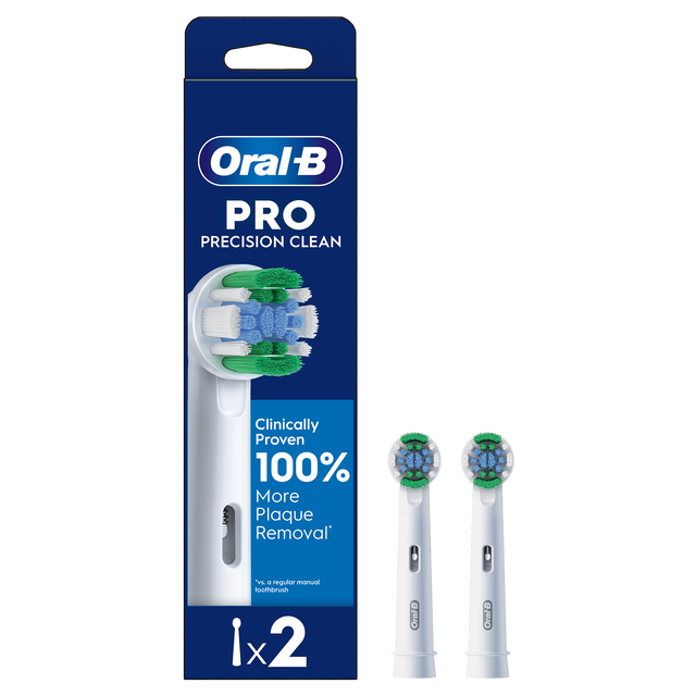 Oral-B Pro Precision Clean brush head packaging highlighting "Clinically Proven 100% More Plaque Removal"