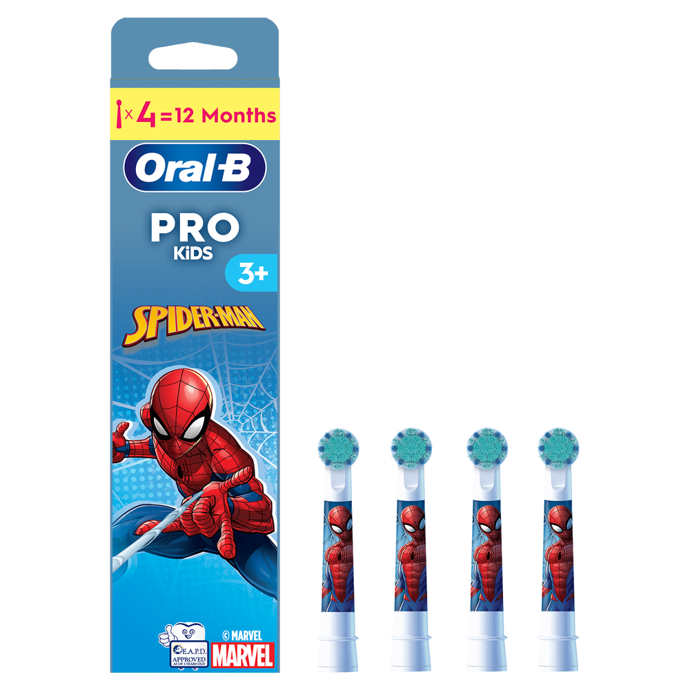 Oral-B PRO Kids Spider-Man brush head packaging, highlighting 4 brush heads for 12 months of gentle clean.;