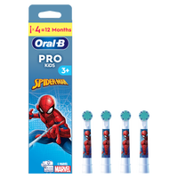 Oral-B PRO Kids Spider-Man brush head packaging, highlighting 4 brush heads for 12 months of gentle clean.;