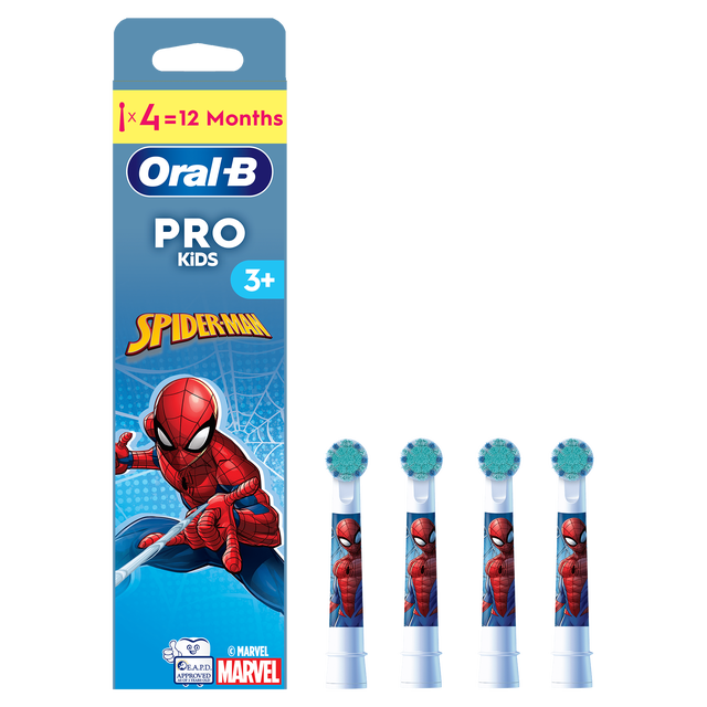 Oral-B PRO Kids Spider-Man brush head packaging, highlighting 4 brush heads for 12 months of gentle clean.;