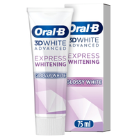 Oral-B 3D White Advanced toothpaste, highlighting "Express Whitening" and "Glossy White" on the tube and packaging.