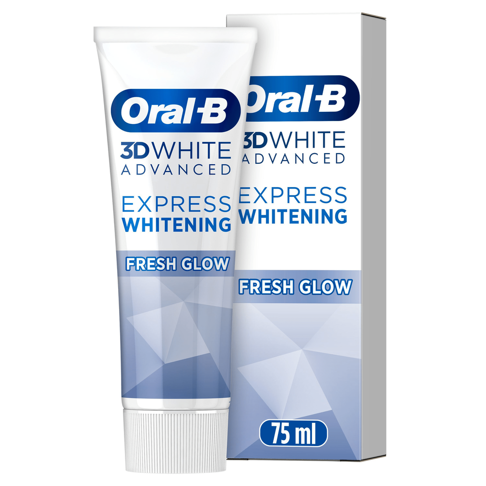 Oral-B 3D White Advanced Express Whitening toothpaste and box, highlighting "Fresh Glow" and 75ml size.